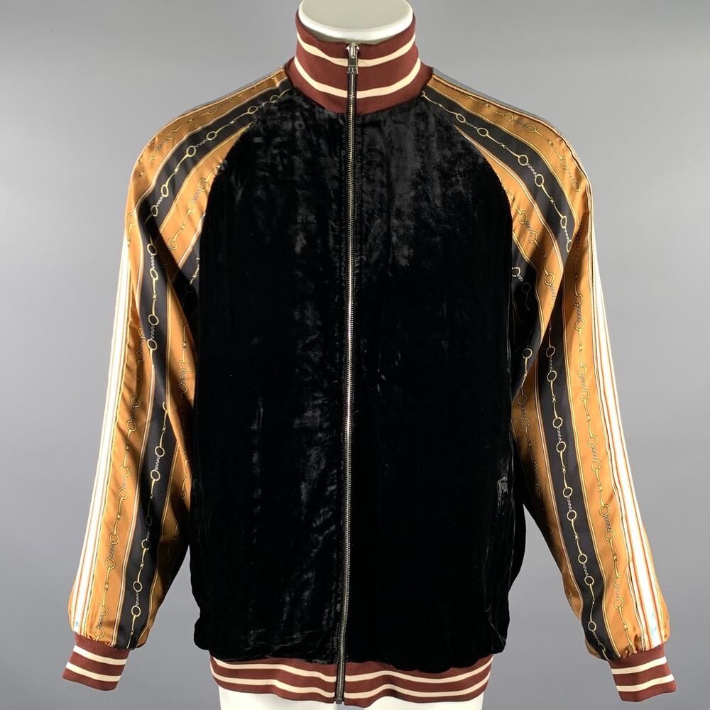 GUCCI Size XL Black Gold Burgundy Chain Print Viscose Silk Track Jacket